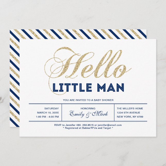 Gold, Navy | Modern Typography Boy Baby Shower Invitation (Front/Back)