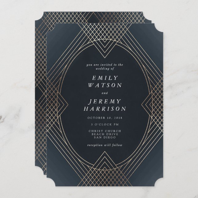 Gold Navy Oval Geometric Art Deco Gatsby Wedding Invitation (Front/Back)