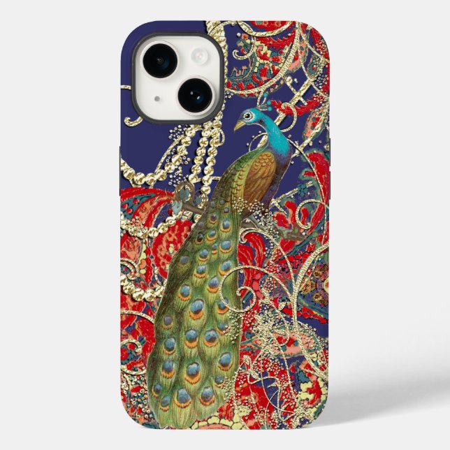 Gold Navy Red Peacock Swirl Case-Mate iPhone Case (Back)