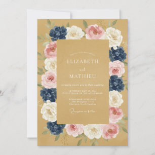 Gold Navy Romantic Floral Wedding Invitation
