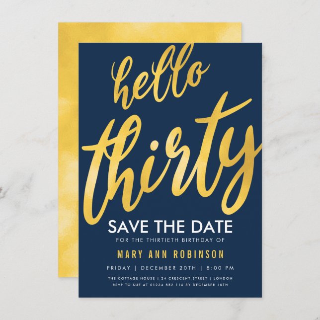 Gold Navy Save Date Thirty Birthday Party Invitation (Front/Back)