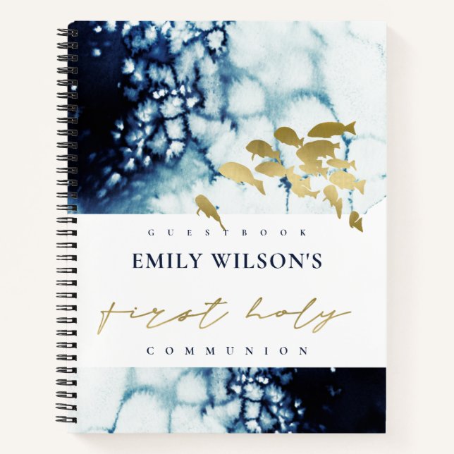 GOLD NAVY SEA FISHFIRST HOLY COMMUNION GUESTBOOK NOTEBOOK (Front)