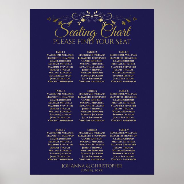Gold & Navy Simple 9 Table Wedding Seating Chart (Front)