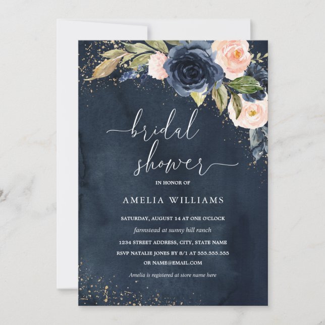 Gold Navy Sparkle Floral Watercolor Bridal Shower Invitation (Front)