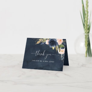 Gold Navy Sparkle Floral Wedding Thank You Card