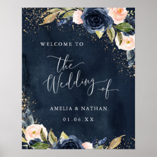 Gold Navy Sparkle Floral Welcome Wedding Poster