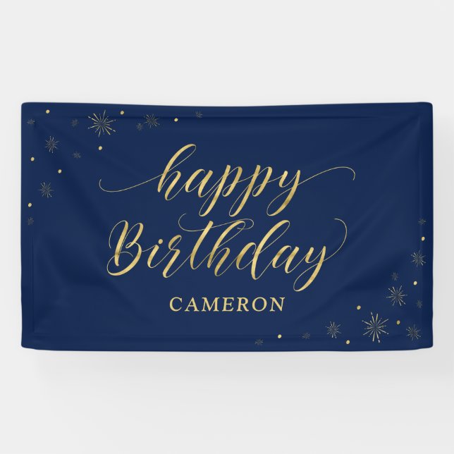 Gold & Navy | Sparkle Happy Birthday Party Banner (Horizontal)