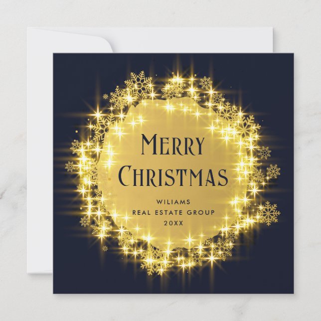 Gold Navy Sparkle Lights Corporate Christmas Holiday Card (Front)