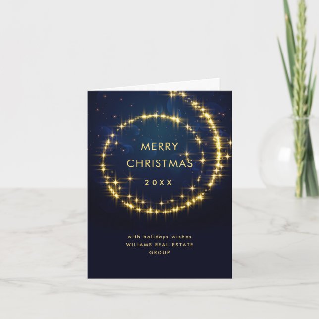 Gold Navy Sparkle Lights Corporate Christmas Holiday Card (Front)