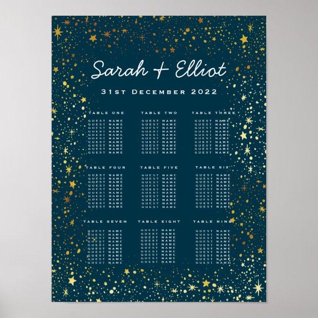 Gold & Navy Stars Sparkle Wedding Seating Chart (Front)
