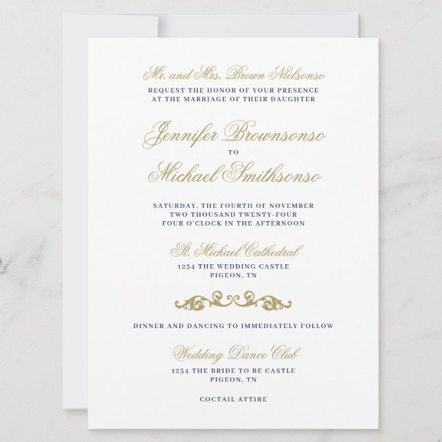 Gold Navy Texts Simple Signature Wedding Invitation (Front)