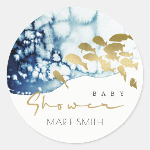 GOLD NAVY UNDERWATER SEA FISH BABY SHOWER CLASSIC ROUND STICKER