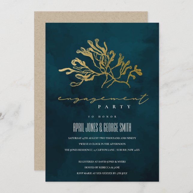 GOLD NAVY UNDERWATER SEAWEED ENGAGEMENT INVITE (Front/Back)