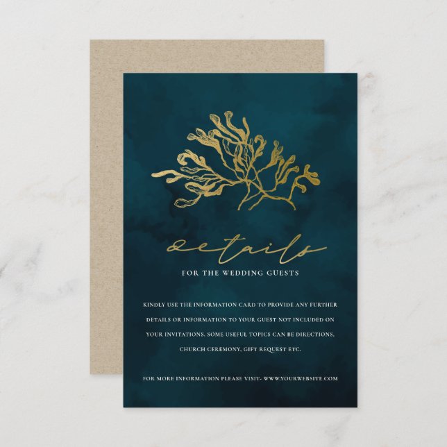 GOLD NAVY UNDERWATER SEAWEED WEDDING DETAILS ENCLOSURE CARD (Front/Back)
