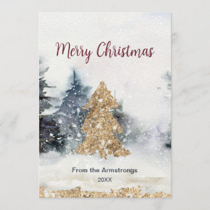 Gold Navy Watercolor Winter Trees Christmas Holiday Card