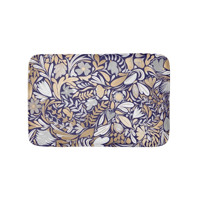Gold Navy White Floral Leaf Illustration Pattern Bath Mat (Front)