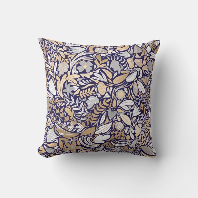 Gold Navy White Floral Leaf Illustration Pattern Cushion (Front)