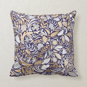 Gold Navy White Floral Leaf Illustration Pattern Cushion