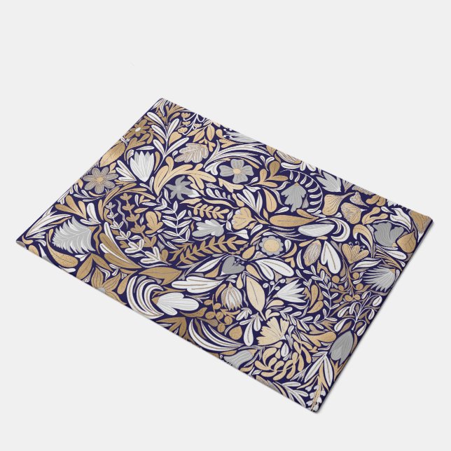 Gold Navy White Floral Leaf Illustration Pattern Doormat (Angled)