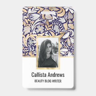 Gold Navy White Floral Leaf Illustration Pattern ID Badge