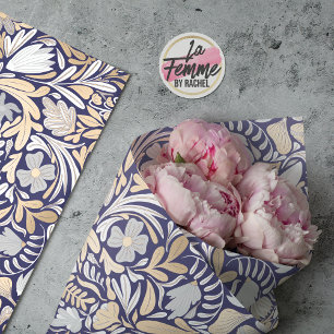 Gold Navy White Floral Leaf Illustration Pattern Tissue Paper