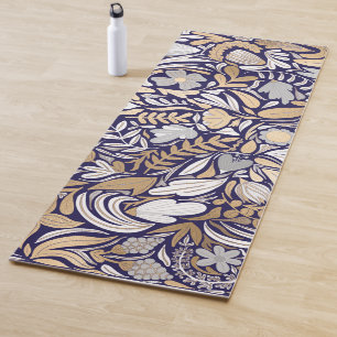 Gold Navy White Floral Leaf Illustration Pattern Yoga Mat