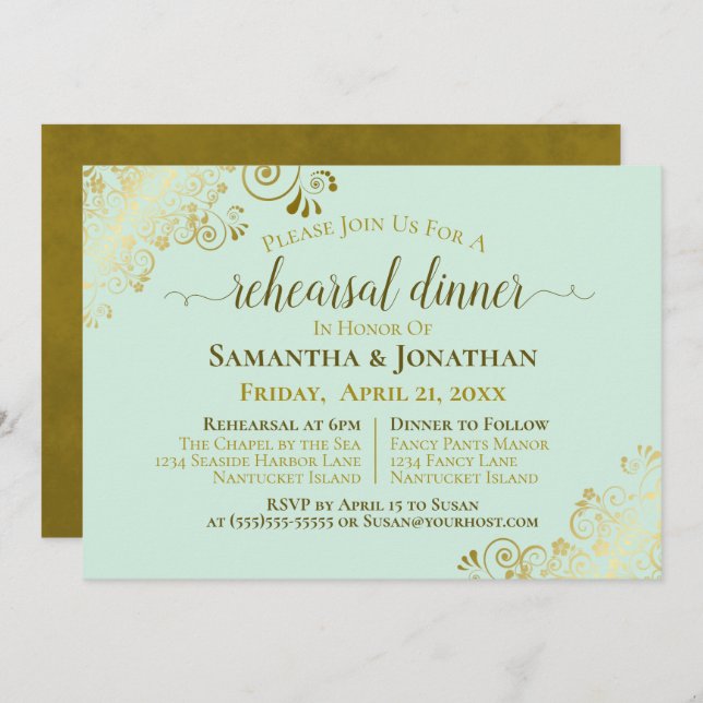 Gold & Neo Mint Green Wedding Rehearsal & Dinner Invitation (Front/Back)
