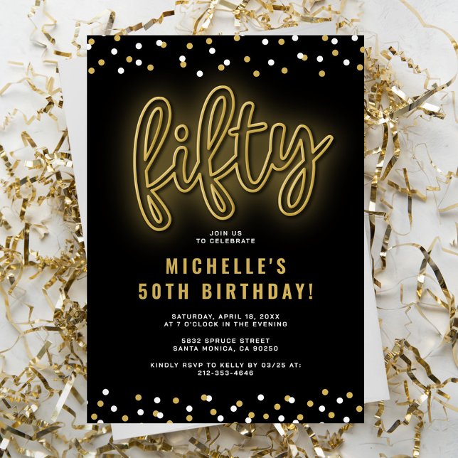 Gold Neon Fifty Birthday Invitation (Creator Uploaded)