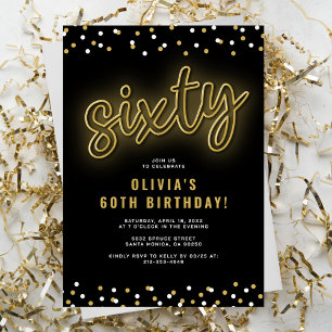 Gold Neon Sixty Birthday Invitation