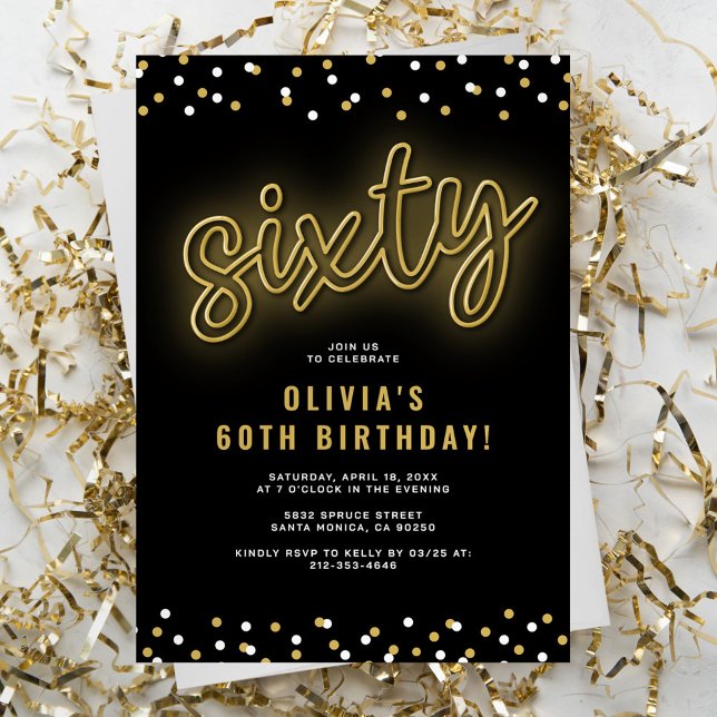 Gold Neon Sixty Birthday Invitation (Creator Uploaded)
