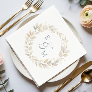 Gold Neutral Wreath Monogram Wedding Napkin