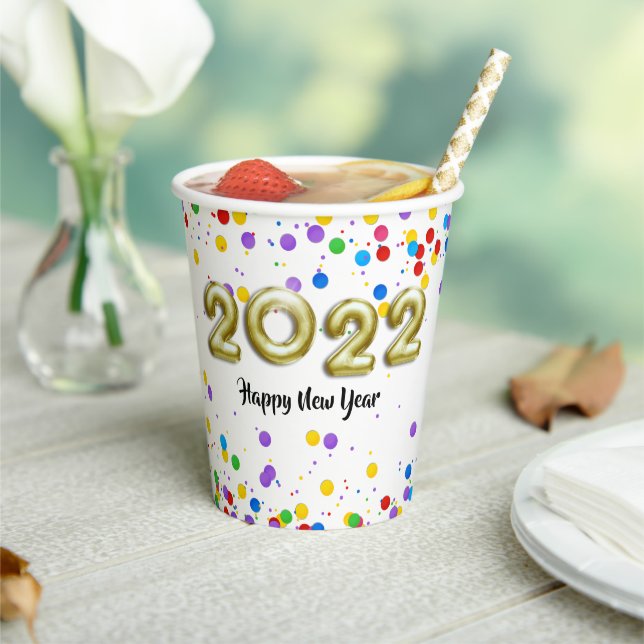 Gold New Year 2022 Balloons Colourful Confetti Paper Cups (Insitu)