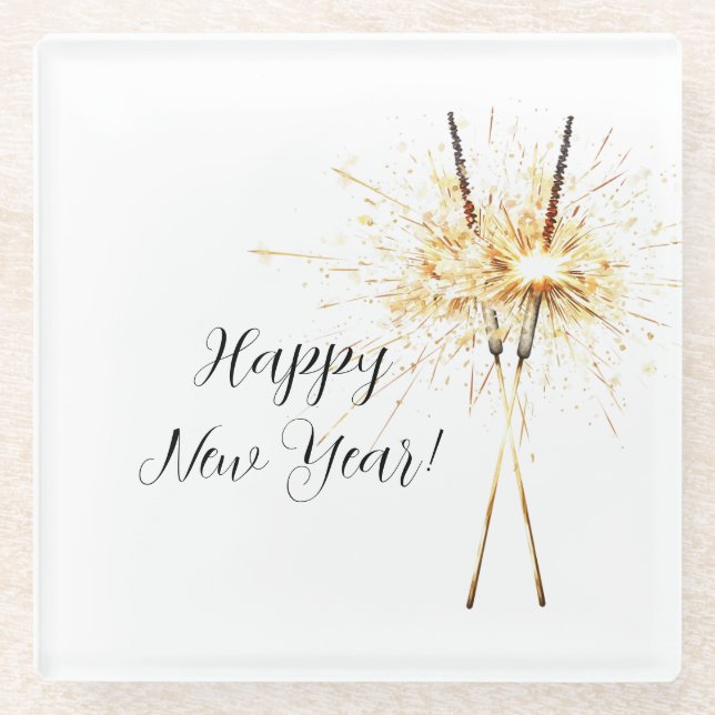 Gold New Year's Eve Day Celebration Sparklers Glass Coaster (Front)