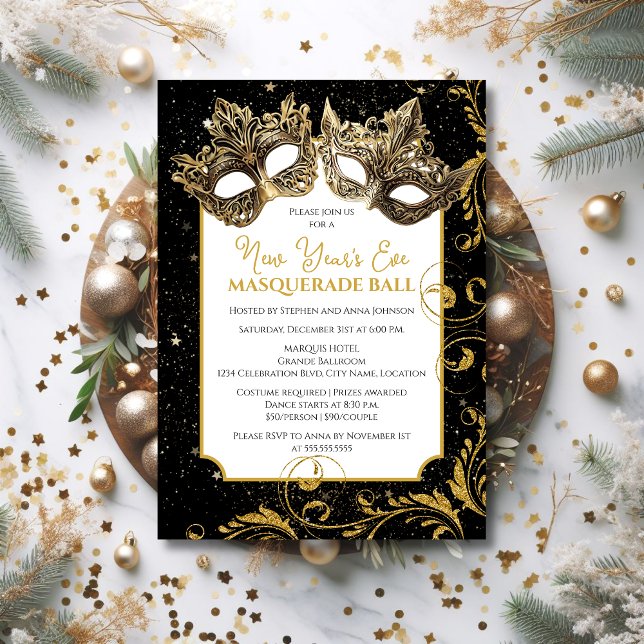 Gold New Year's Eve Masquerade Ball Invitation (Host your next NYE masquerade in elegance by sending out these gold mask masquerade ball invitations)