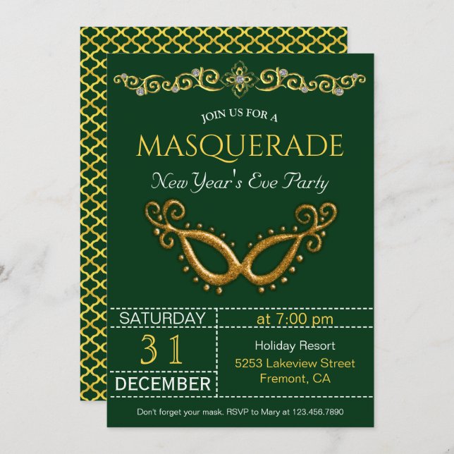 Gold New Year's Eve Masquerade Party Invitation (Front/Back)