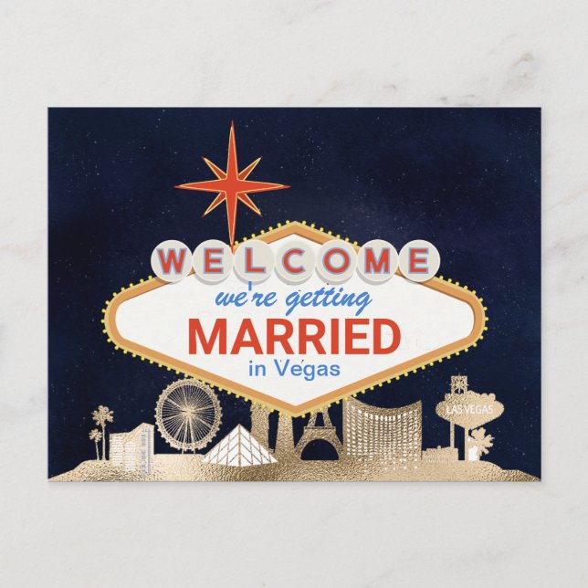 Gold Night Skyline Las Vegas Wedding Save the Date Postcard (Front)