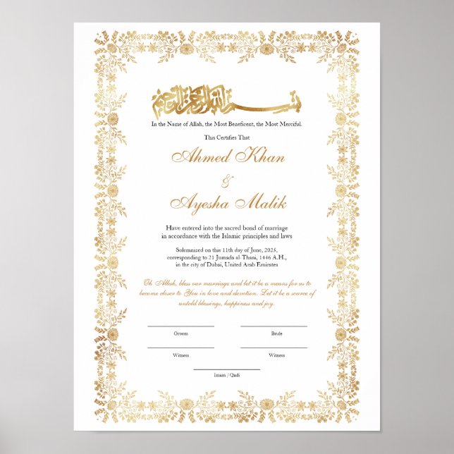 Gold Nikkah Certificate for Muslim Islamic Wedding Poster (Front)