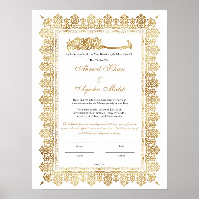 Gold Nikkah Certificate for Muslim Islamic Wedding Poster (Front)