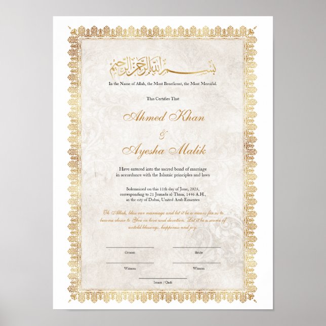 Gold Nikkah Certificate for Muslim Islamic Wedding Poster (Front)
