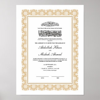 Gold Nikkah Certificate for Muslim Islamic Wedding Poster