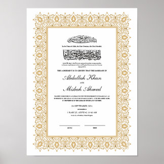 Gold Nikkah Certificate for Muslim Islamic Wedding Poster