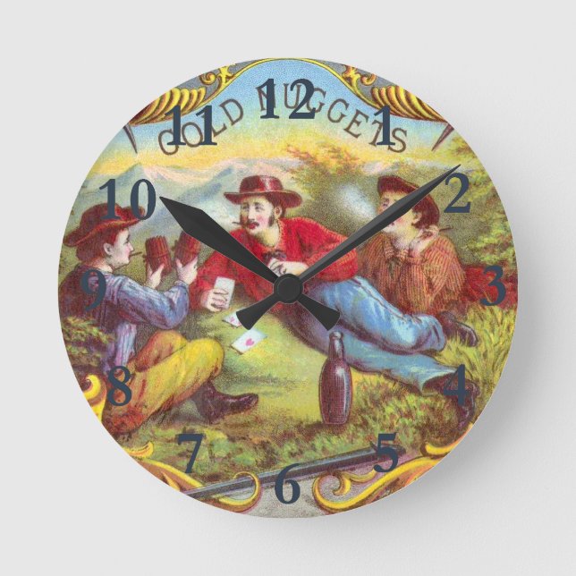 Gold Nuggets: Antique Cigar Label Wild West Art Round Clock (Front)