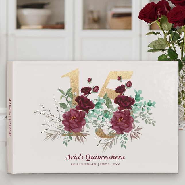 Gold Number 15 Burgundy Royal Roses Quinceanera Guest Book (Elegant Floral Number 15 Birthday Guest Book from my Royal Rose Quinceanera Collection)
