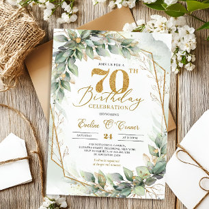 Gold number watercolor eucalyptus 70th birthday invitation