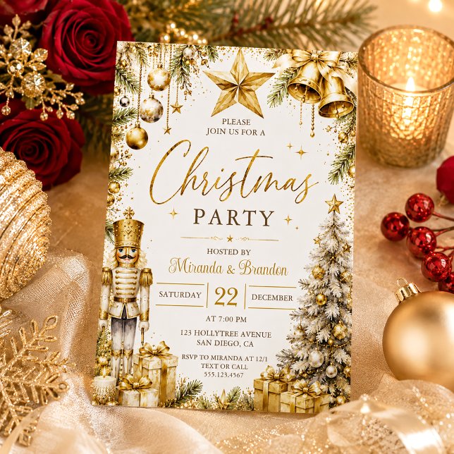 Gold Nutcracker Baubles Tree and Gifts Christmas Invitation (Creator Uploaded)