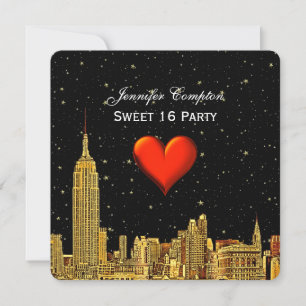 Gold NYC Skyline 01 Etched Heart Stars SQ Sweet 16 Invitation