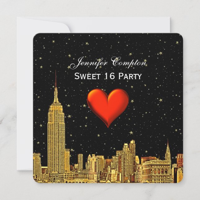 Gold NYC Skyline 01 Etched Heart Stars SQ Sweet 16 Invitation (Front)