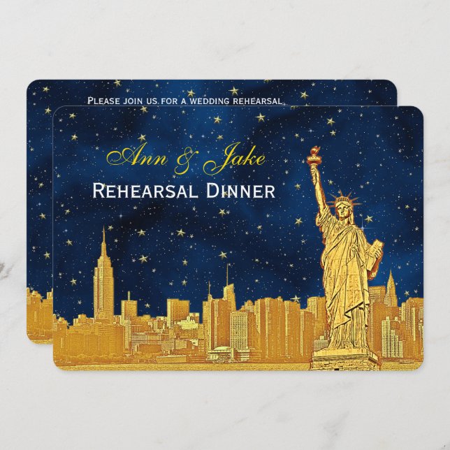 Gold NYC Skyline #2 Blue Starry H Rehearsal Dinner Invitation (Front/Back)