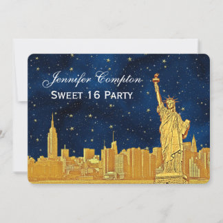 Gold NYC Skyline #2 Etch Blue Starry BG H Sweet 16 Invitation