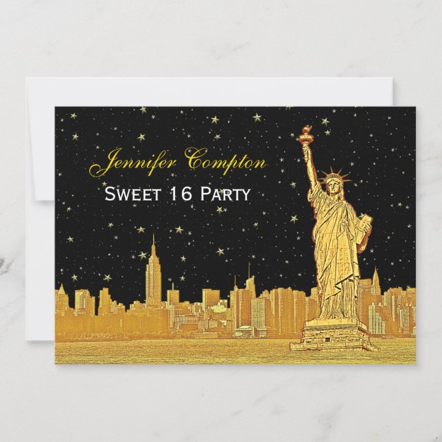 Gold NYC Skyline #2 Etch Starry DIY BG H Sweet 16 Invitation (Front)